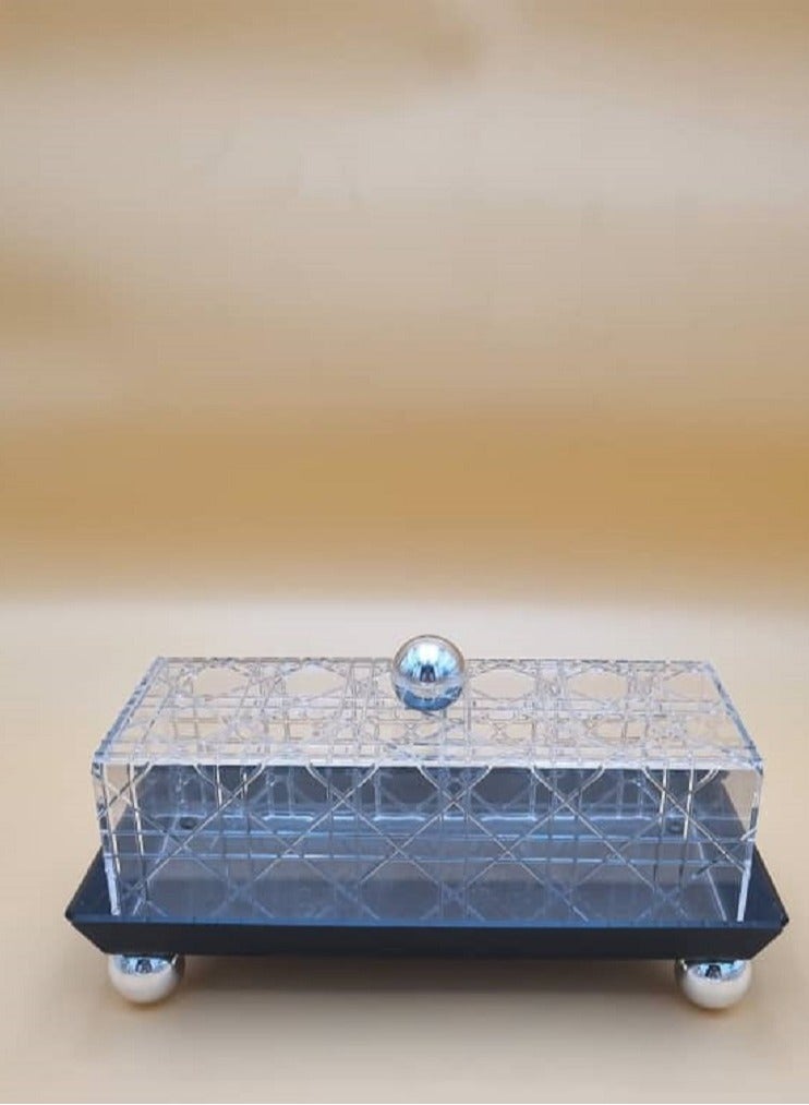 A cake and dessert serving tray with a small rectangular decorative acrylic lid 