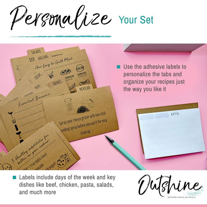 Outshine Premium Kraft Recipe Cards Dividers 4x6 with Tabs (Set of 24) | Recipe Box Dividers Made of Thick Cardstock | Includes 28 Adhesive Labels and Printed Cooking Tips | Best Kitchen Gift - Image 3