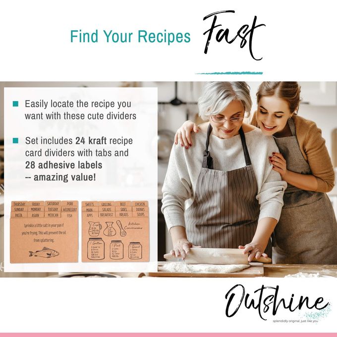 Outshine Premium Kraft Recipe Cards Dividers 4x6 with Tabs (Set of 24) | Recipe Box Dividers Made of Thick Cardstock | Includes 28 Adhesive Labels and Printed Cooking Tips | Best Kitchen Gift - Image 5