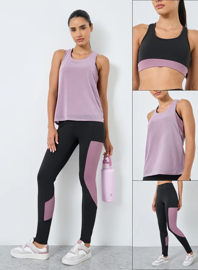 Styli Pack of 3 - Color Block Detail Sports Bra, Mesh Insert Racer Back Tank and Leggings