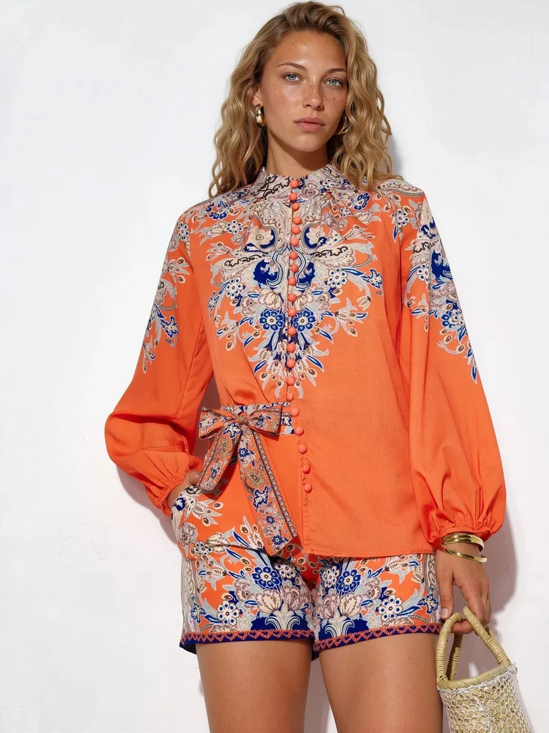 Jennyfer Paisley Tie-front Blouse And Shorts Set