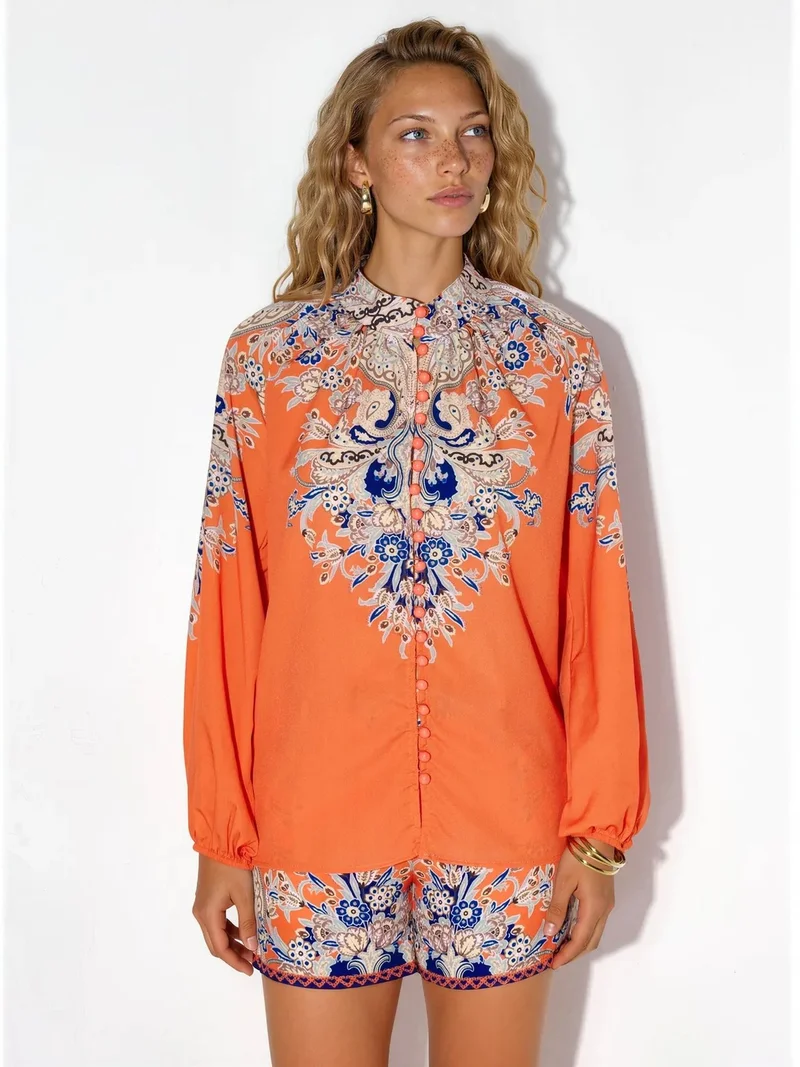 Jennyfer Paisley Tie-front Blouse And Shorts Set