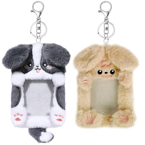 PATPAT® 2Pcs Plush Cartoon Id Card Holder with Bead Chain Photography Star Cards Storage, Plush Cartoon Dog Kawaii Collectible Card Display Cover for Bag Backpack Ornament - Image 1