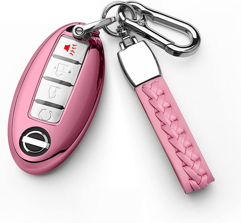 Autophone غطاء مفتاح أوتوفون باللون الوردي مع سلسلة مفاتيح جلدية لطرازات نيسان - Image 1