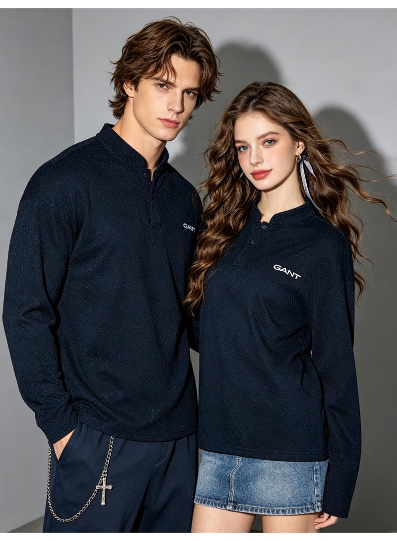 GANT Long Sleeve Henley Shirt for Men and Women, Black Textured, Casual Stand Collar Top - Image 4