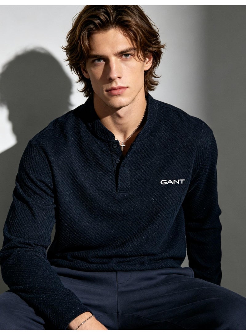 GANT Long Sleeve Henley Shirt for Men and Women, Black Textured, Casual Stand Collar Top - Image 3