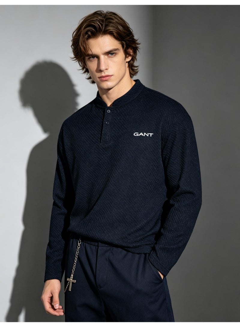 GANT Long Sleeve Henley Shirt for Men and Women, Black Textured, Casual Stand Collar Top - Image 1