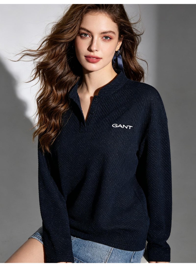 GANT Long Sleeve Henley Shirt for Men and Women, Black Textured, Casual Stand Collar Top - Image 5