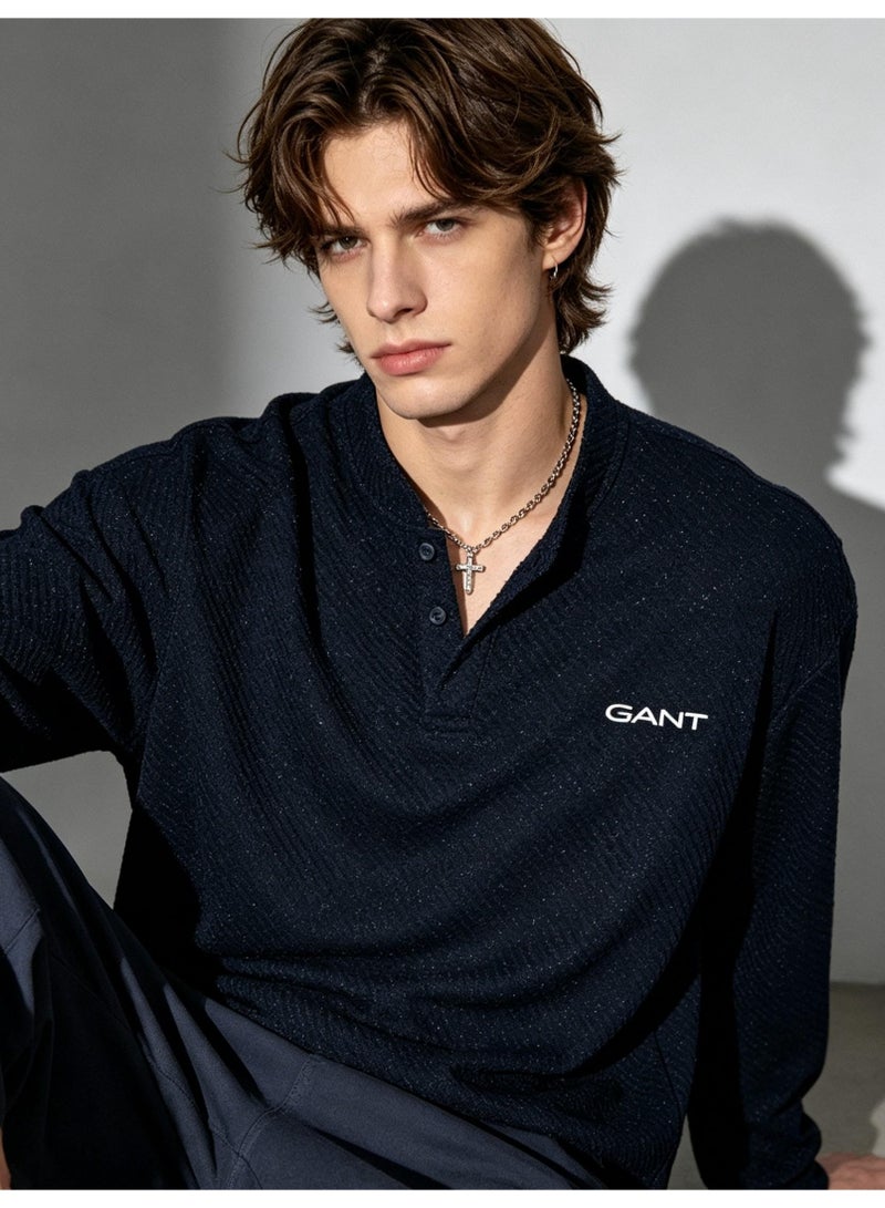 GANT Long Sleeve Henley Shirt for Men and Women, Black Textured, Casual Stand Collar Top - Image 2