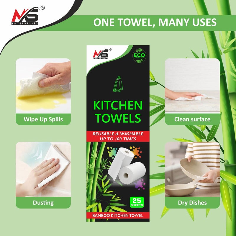 MS Enterprises Reusable Bamboo Kitchen Towel Tissue Roll (Reusable upto 8000 times) 25 Sheets Each Soft Highly absorbent | Ecofriendly | Better alternative to Paper Tissue Roll (25 Count (Pack of 4) - Image 2