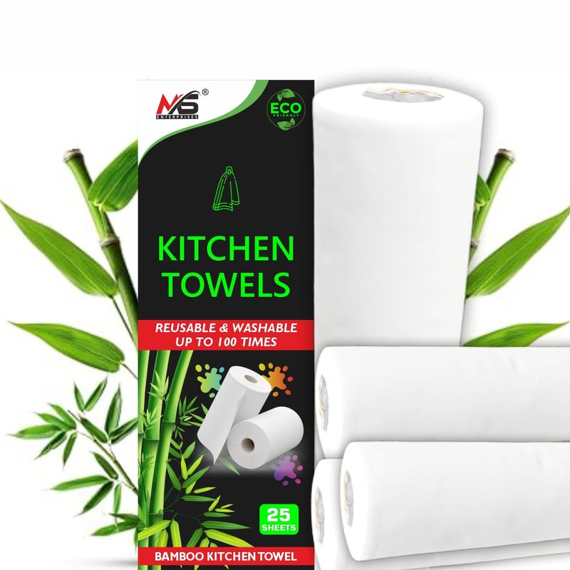 MS Enterprises Reusable Bamboo Kitchen Towel Tissue Roll (Reusable upto 8000 times) 25 Sheets Each Soft Highly absorbent | Ecofriendly | Better alternative to Paper Tissue Roll (25 Count (Pack of 4) - Image 1