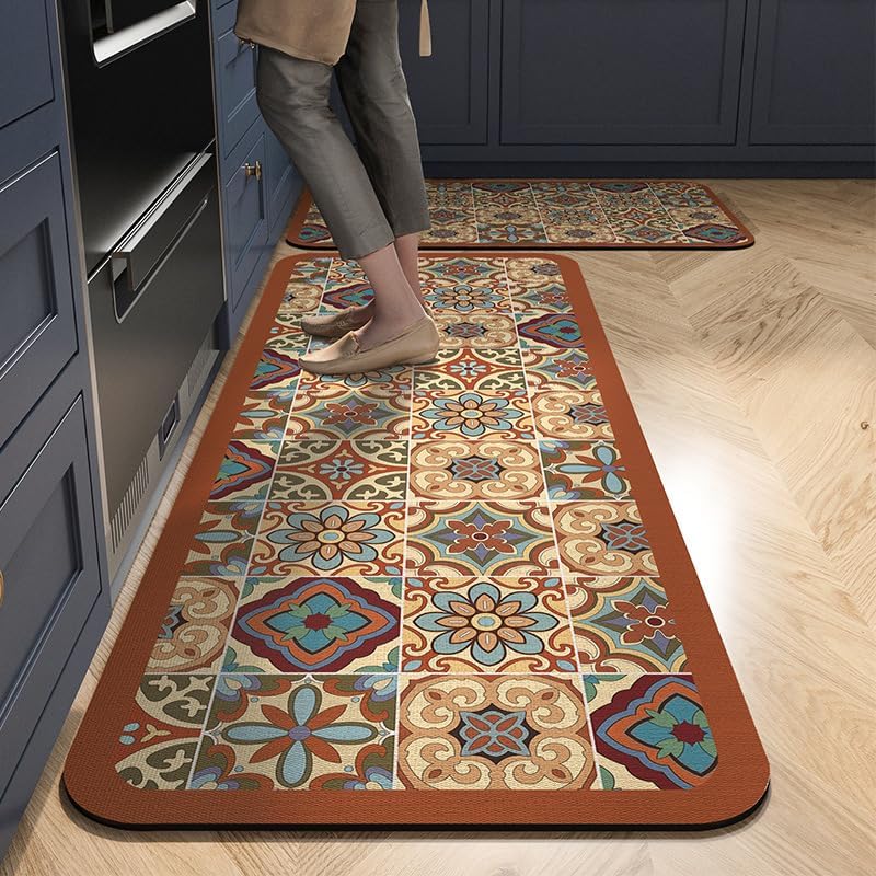 Xlot Kitchen Mats for Floor 2Pcs, Washable Anti Fatigue Mat for Cushioned, 15.7"x23.6"+15.7"x47.2", Waterproof Kitchen Rugs, Non Slip Comfort Standing Mat Rug for Home, Sink, Laundry (Lotus leaf) - Image 1