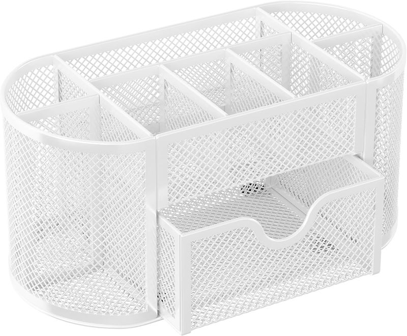 EasyPag Mesh Pen Holder Desk Organizer with Drawer Stationery Supplies Organizer for Dorm School 9 Compartments Workspace Desk Accessories Organization for Office, White - Image 2