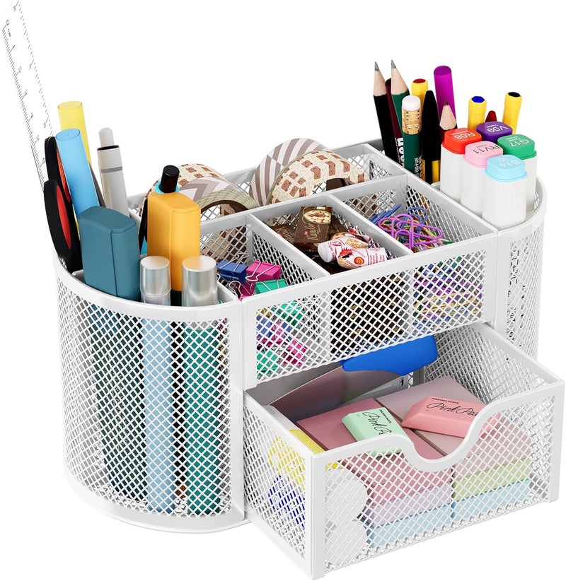 EasyPag Mesh Pen Holder Desk Organizer with Drawer Stationery Supplies Organizer for Dorm School 9 Compartments Workspace Desk Accessories Organization for Office, White - Image 1