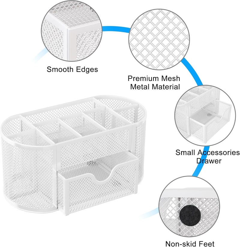 EasyPag Mesh Pen Holder Desk Organizer with Drawer Stationery Supplies Organizer for Dorm School 9 Compartments Workspace Desk Accessories Organization for Office, White - Image 4