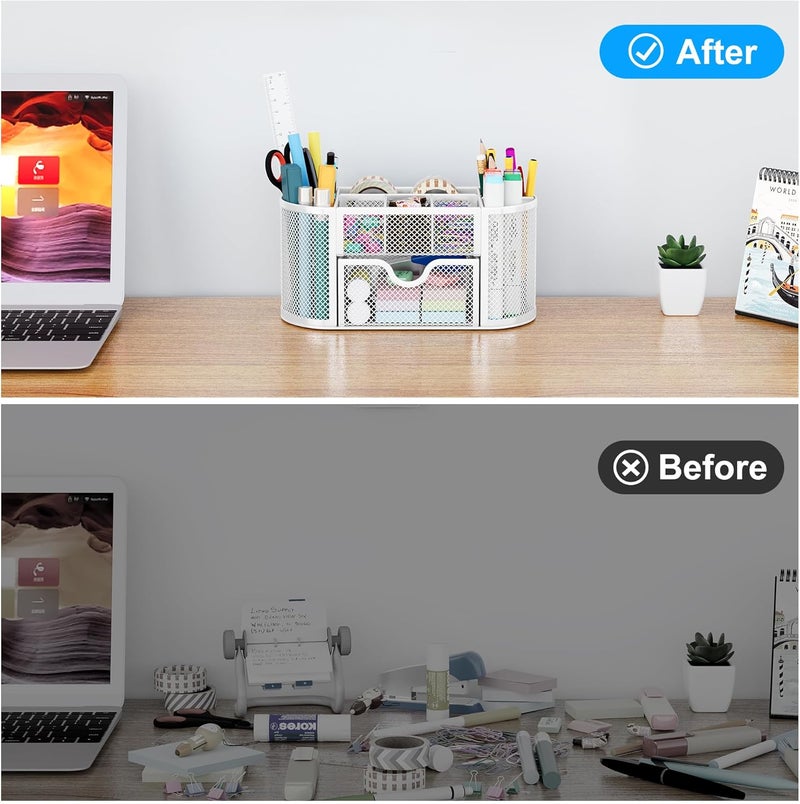 EasyPag Mesh Pen Holder Desk Organizer with Drawer Stationery Supplies Organizer for Dorm School 9 Compartments Workspace Desk Accessories Organization for Office, White - Image 5