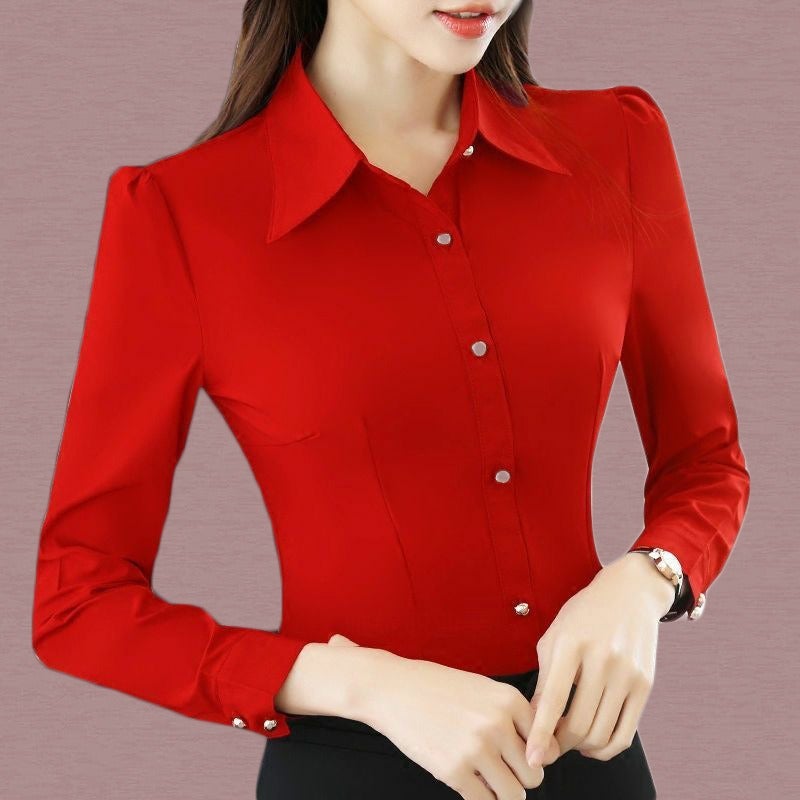 Yi Shun Li Women's Long Sleeve Red Shirt 2025 Spring Autumn Slim Fit Elegant Office Blouse with Puff Sleeves - Image 2