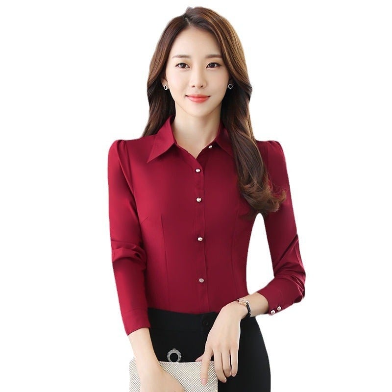 Yi Shun Li Women's Long Sleeve Red Shirt 2025 Spring Autumn Slim Fit Elegant Office Blouse with Puff Sleeves - Image 5