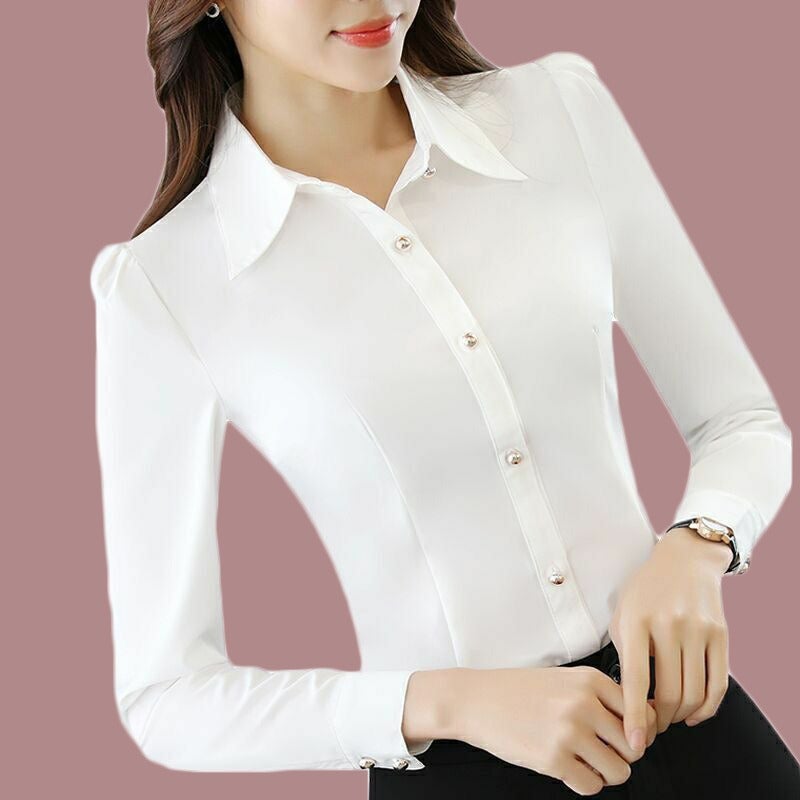 Yi Shun Li Women's Long Sleeve Red Shirt 2025 Spring Autumn Slim Fit Elegant Office Blouse with Puff Sleeves - Image 3
