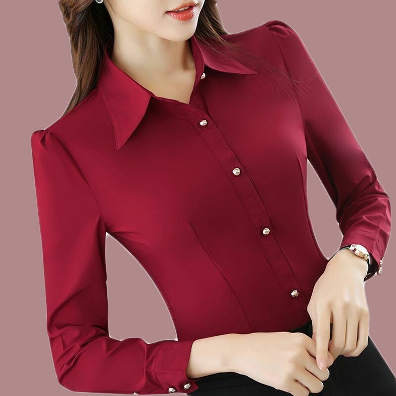 Yi Shun Li Women's Long Sleeve Red Shirt 2025 Spring Autumn Slim Fit Elegant Office Blouse with Puff Sleeves - Image 1