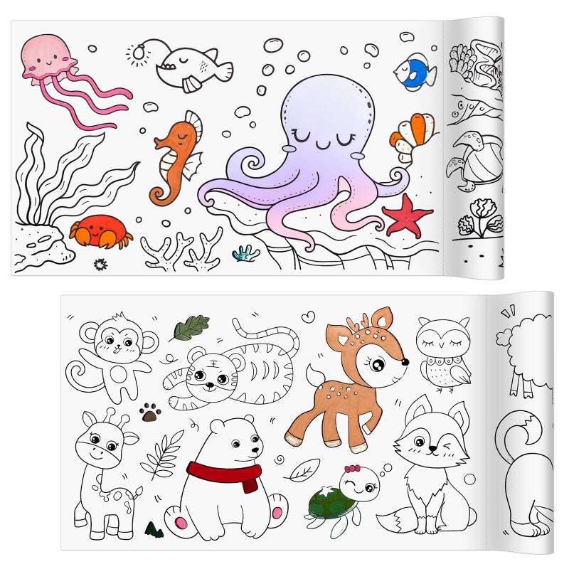Prudiut Coloring Paper Roll, 2 Pcs Drawing Roll Paper, Sticky Rolls for Art, DIY Painting Drawing Coloring Rolls for Young Artists Gifts, 11.8" x 118"(Land & Marine Animals) - Image 1