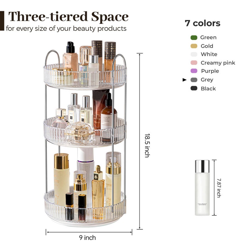 Aveniee Rotating Makeup Organizer for Vanity, 3 Tier Perfume Skincare Organizers and Storage for Bathroom Countertop, Clear Spinning Counter Cosmetic Holder for Dresser,Grey - Image 3