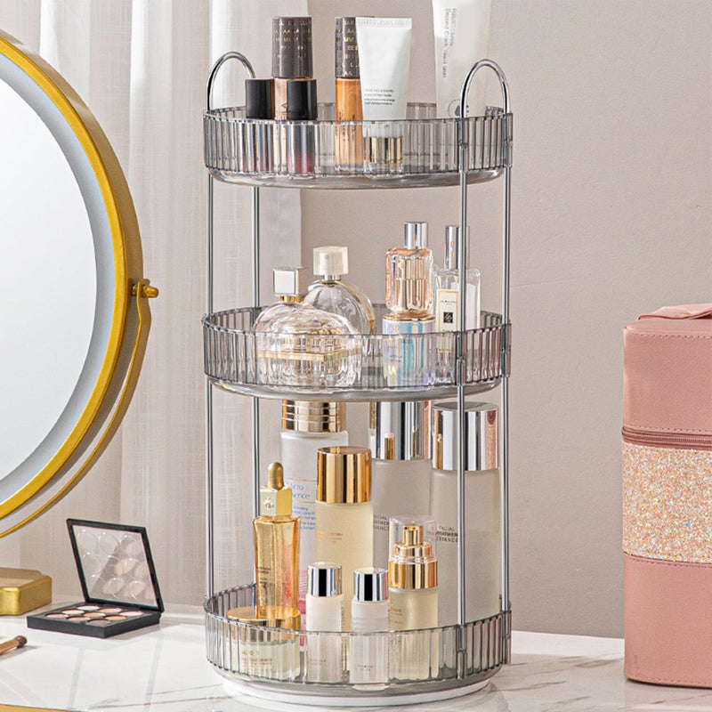 Aveniee Rotating Makeup Organizer for Vanity, 3 Tier Perfume Skincare Organizers and Storage for Bathroom Countertop, Clear Spinning Counter Cosmetic Holder for Dresser,Grey - Image 1