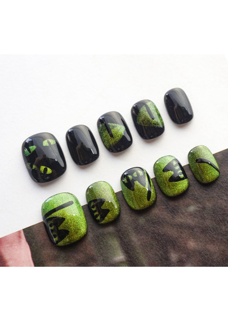 Artist Design/Smaragdi Cat Eye (Handmade)/Press On nails/Luxury Hand Painted/Squoval/10 PCS/M Size - Image 1