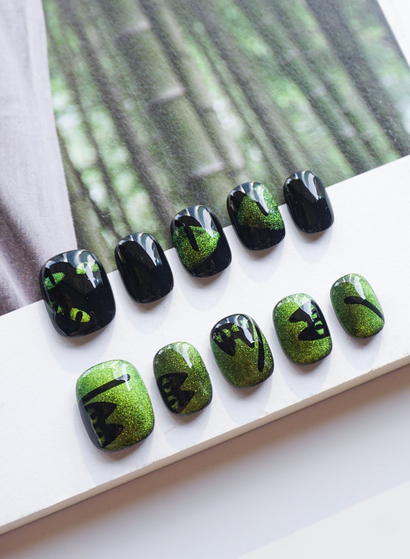 Artist Design/Smaragdi Cat Eye (Handmade)/Press On nails/Luxury Hand Painted/Squoval/10 PCS/M Size - Image 2