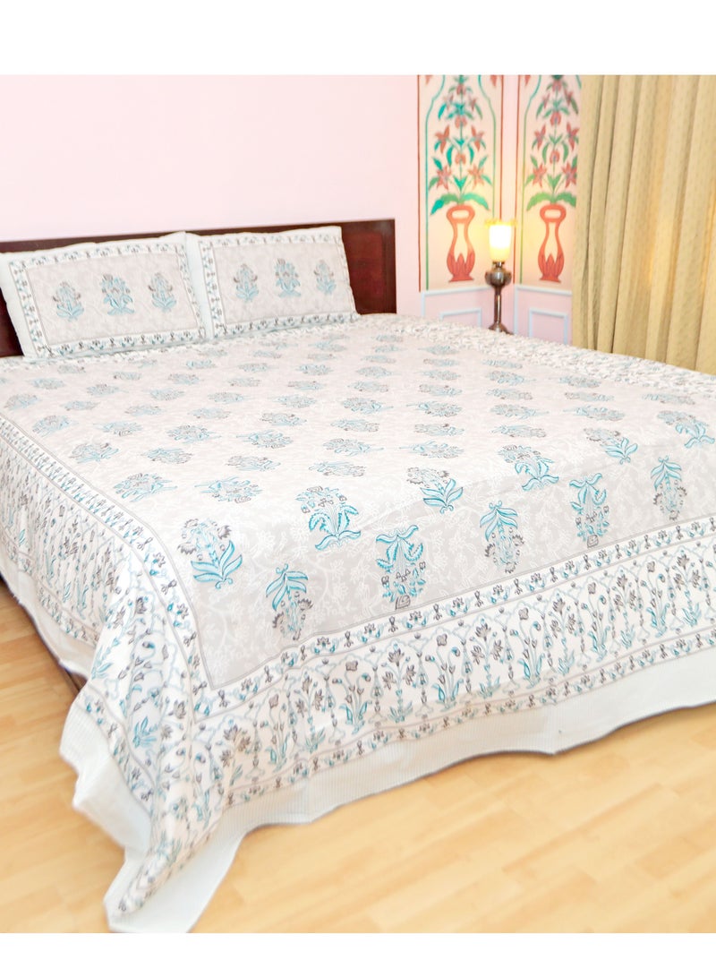 سكين PAHI Pure Cotton Hand Block Bedsheet, King size, FLORAL BEDSHEET, 228/278 CMS, HAND BLOCK PRINTED, JAIPURI - Image 1