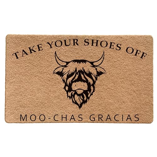 LUVADIAN Take Your Your Shoes Off Door Mat Funny Highland Cow Welcome Mats for Front Door Shoes Off Doormat Please Remove Your Shoes Doormat Funny Front Door Mats Outdoor Entrance 17x30 Inch - Image 1