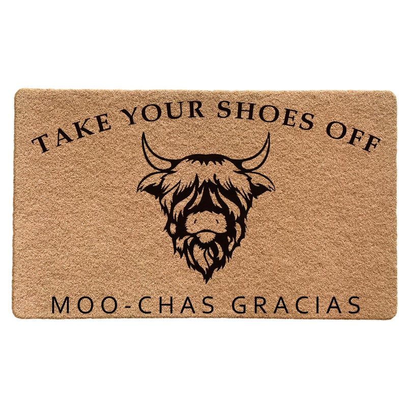LUVADIAN Take Your Your Shoes Off Door Mat Funny Highland Cow Welcome Mats for Front Door Shoes Off Doormat Please Remove Your Shoes Doormat Funny Front Door Mats Outdoor Entrance 17x30 Inch - Image 2