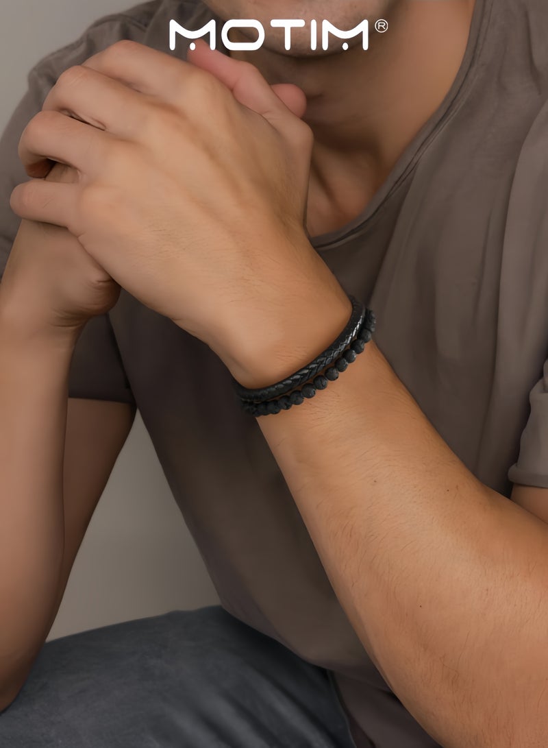 موتيم سوار رجالي مطرز أساور جلدية للرجال 6 مللي متر الحمم البركانية الصخور الحجر أساور مصنوعة يدويا قابل للتعديل الفولاذ المقاوم للصدأ التيتانيوم المشبك المغناطيسي هدايا المجوهرات الرجالية - Image 2