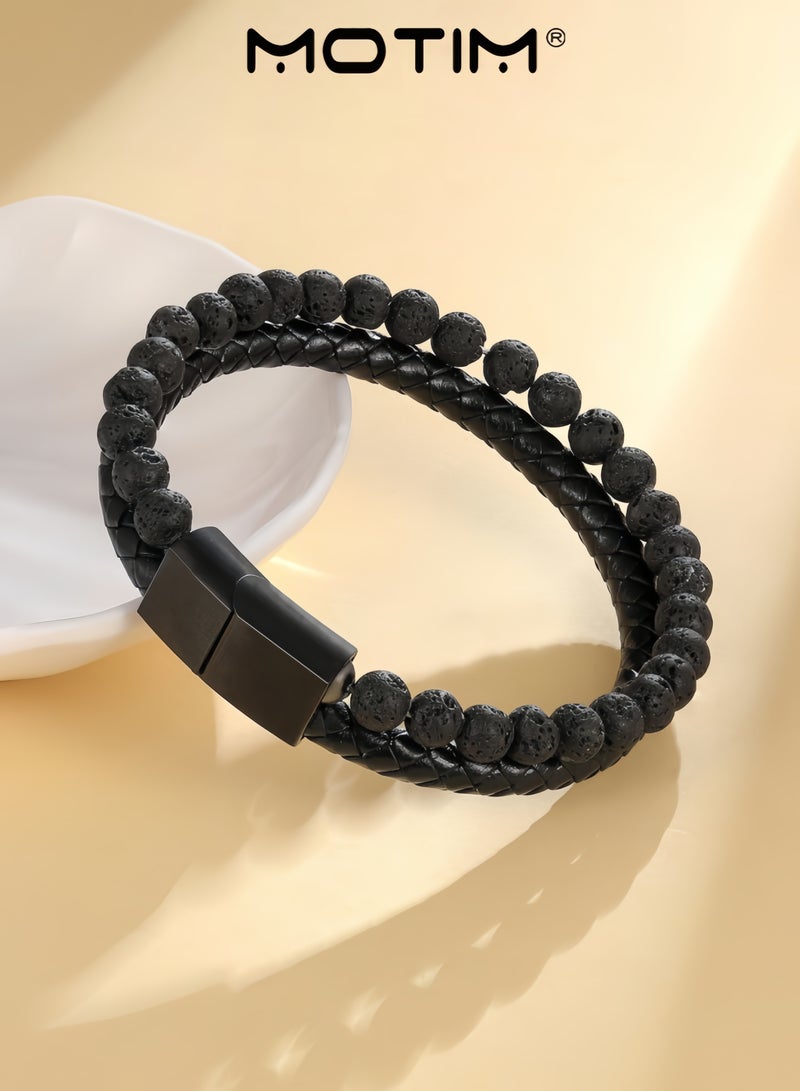 موتيم سوار رجالي مطرز أساور جلدية للرجال 6 مللي متر الحمم البركانية الصخور الحجر أساور مصنوعة يدويا قابل للتعديل الفولاذ المقاوم للصدأ التيتانيوم المشبك المغناطيسي هدايا المجوهرات الرجالية - Image 4