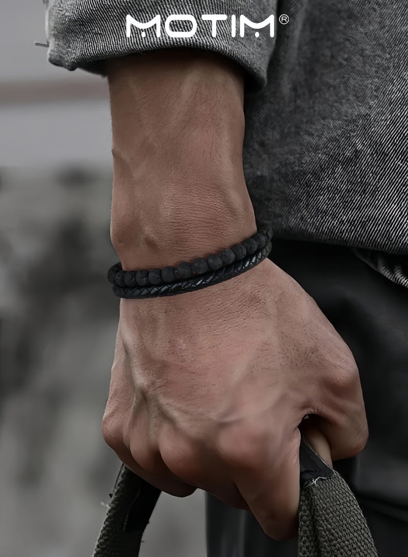 موتيم سوار رجالي مطرز أساور جلدية للرجال 6 مللي متر الحمم البركانية الصخور الحجر أساور مصنوعة يدويا قابل للتعديل الفولاذ المقاوم للصدأ التيتانيوم المشبك المغناطيسي هدايا المجوهرات الرجالية - Image 3
