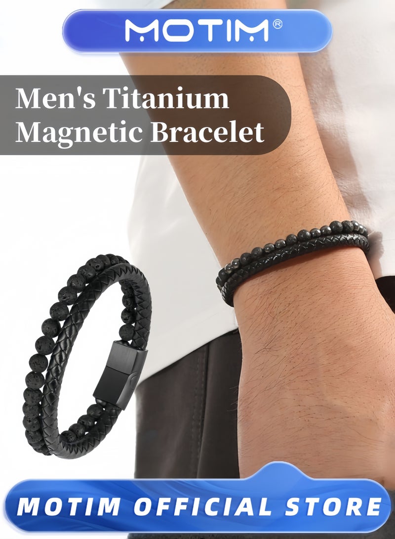 موتيم سوار رجالي مطرز أساور جلدية للرجال 6 مللي متر الحمم البركانية الصخور الحجر أساور مصنوعة يدويا قابل للتعديل الفولاذ المقاوم للصدأ التيتانيوم المشبك المغناطيسي هدايا المجوهرات الرجالية - Image 1