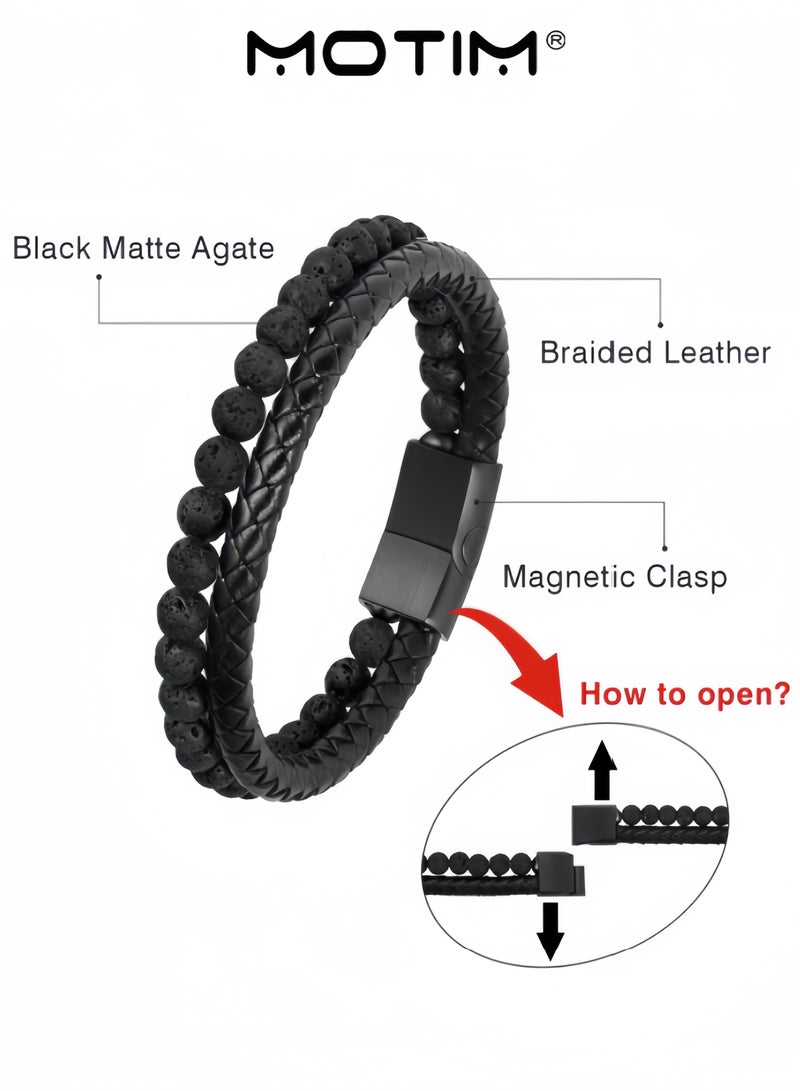 موتيم سوار رجالي مطرز أساور جلدية للرجال 6 مللي متر الحمم البركانية الصخور الحجر أساور مصنوعة يدويا قابل للتعديل الفولاذ المقاوم للصدأ التيتانيوم المشبك المغناطيسي هدايا المجوهرات الرجالية - Image 5