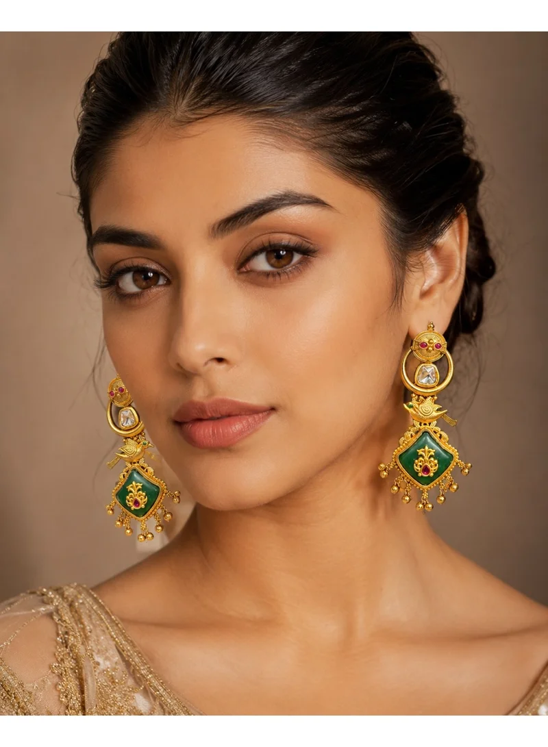 Lehar Imitation Gold-Tone Emerald Green Bird Motif Statement Kashir Dangler Earrings