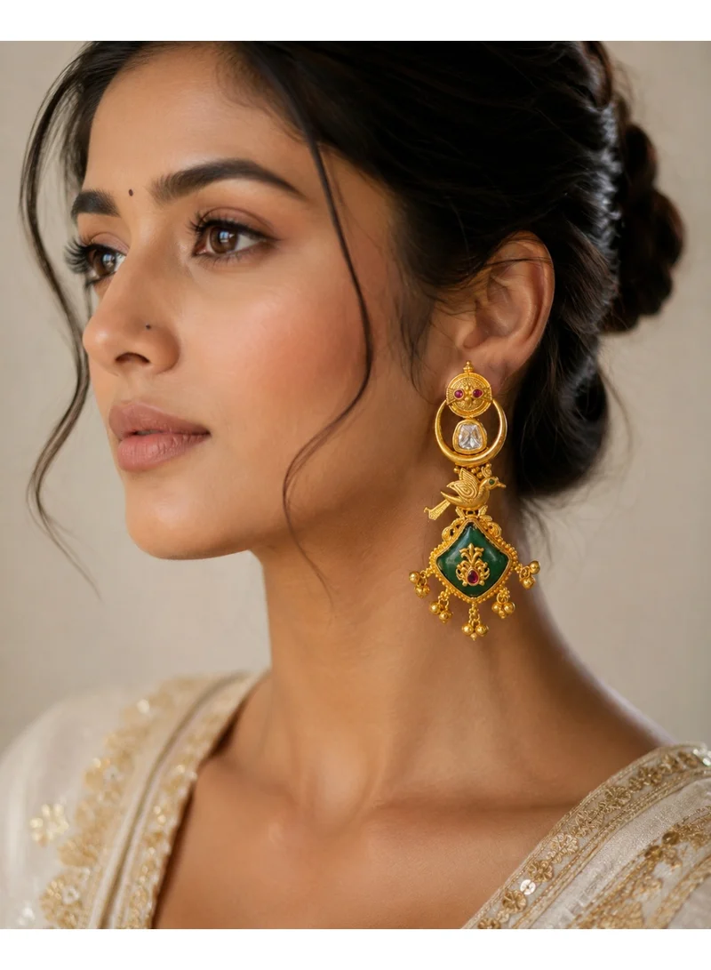 Lehar Imitation Gold-Tone Emerald Green Bird Motif Statement Kashir Dangler Earrings