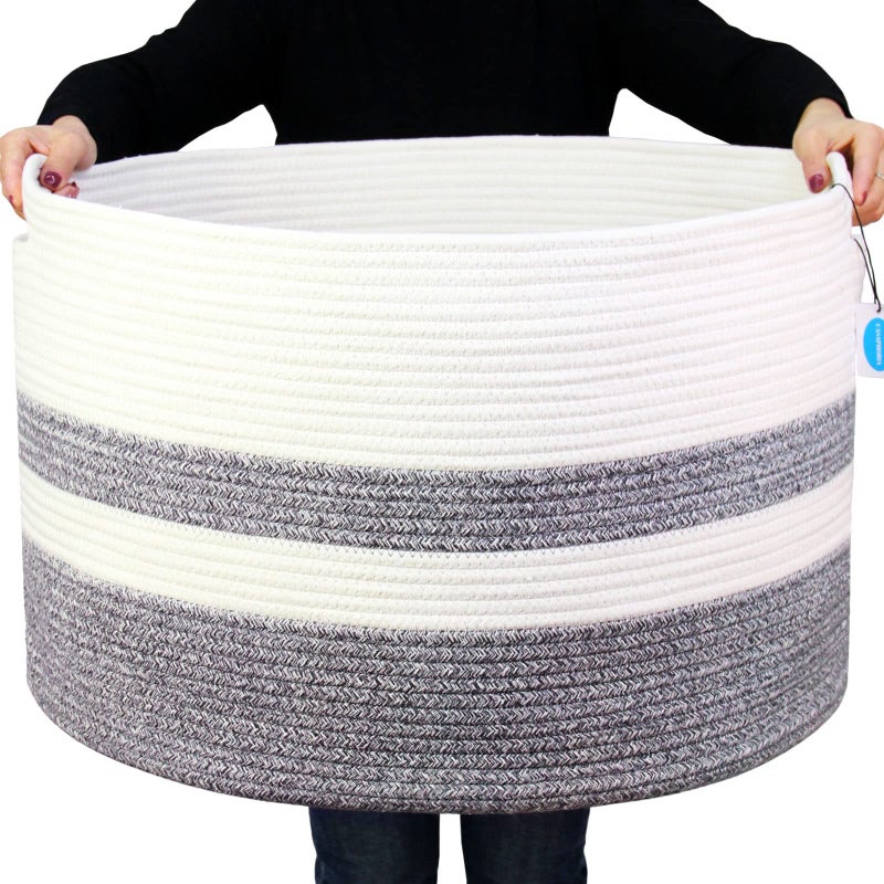 Casaphoria XXXLarge Cotton Rope Basket for Living Room  Woven Storage Basket with Handle for Blankets Towels and Pillows Laundry Hamper  White and Grey 22 x 22 x 14