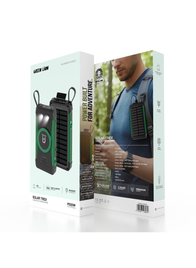 GREEN LION Solar Trex 10000mAh Power Bank PD 20W, Portable Power Station with built In Type-C & Lightning Cable / Solar Panel / Compatible with Mag Safe / Multi Functional LED / IP65 Dust & Water Resistant - Black - Image 5