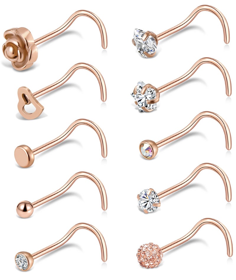 Tornito 20G 10Pcs Stainless Steel Nose Screw Studs Rings CZ Nose Ring Labret Nose Piercing Jewelry for Men Women Rose Gold Tone - Image 1