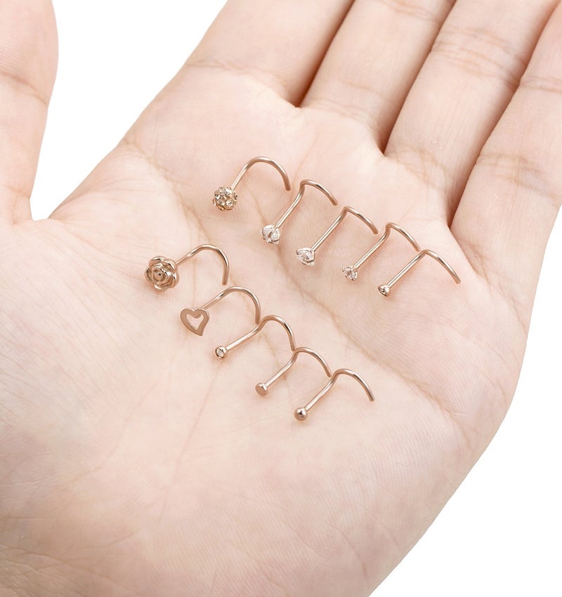 Tornito 20G 10Pcs Stainless Steel Nose Screw Studs Rings CZ Nose Ring Labret Nose Piercing Jewelry for Men Women Rose Gold Tone - Image 5