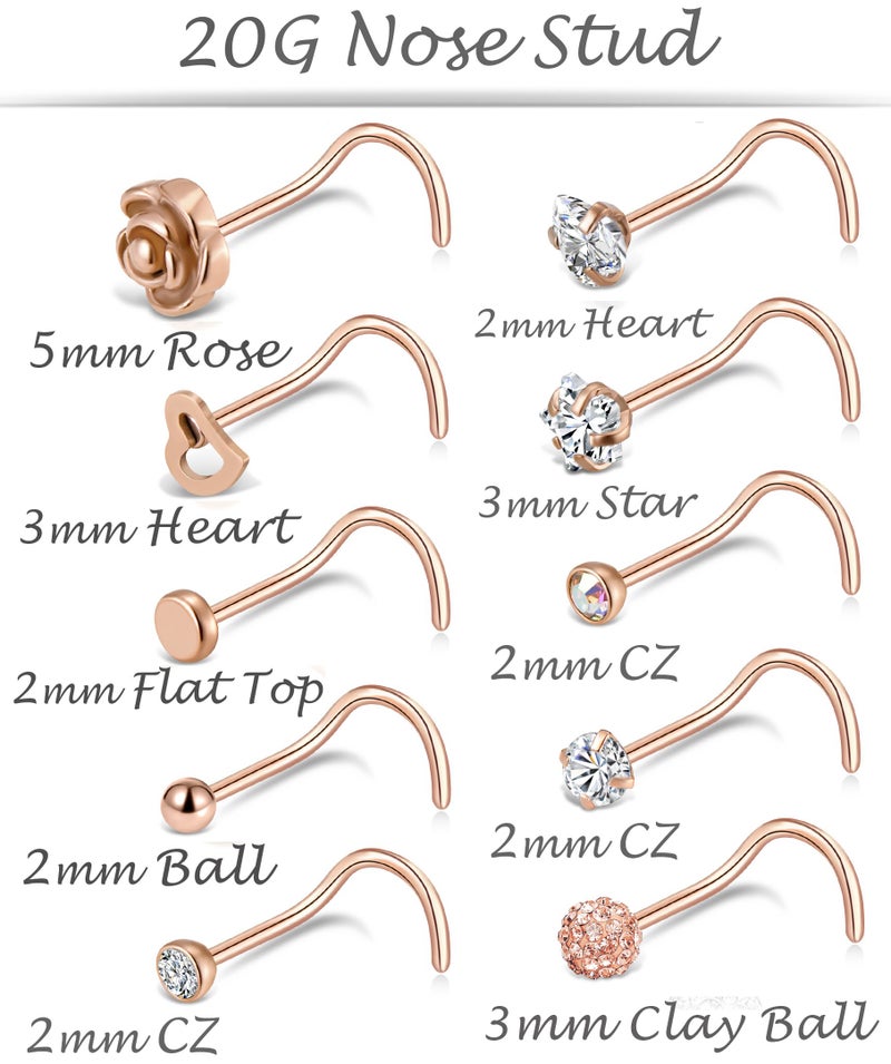 Tornito 20G 10Pcs Stainless Steel Nose Screw Studs Rings CZ Nose Ring Labret Nose Piercing Jewelry for Men Women Rose Gold Tone - Image 3