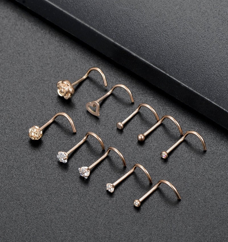 Tornito 20G 10Pcs Stainless Steel Nose Screw Studs Rings CZ Nose Ring Labret Nose Piercing Jewelry for Men Women Rose Gold Tone - Image 4