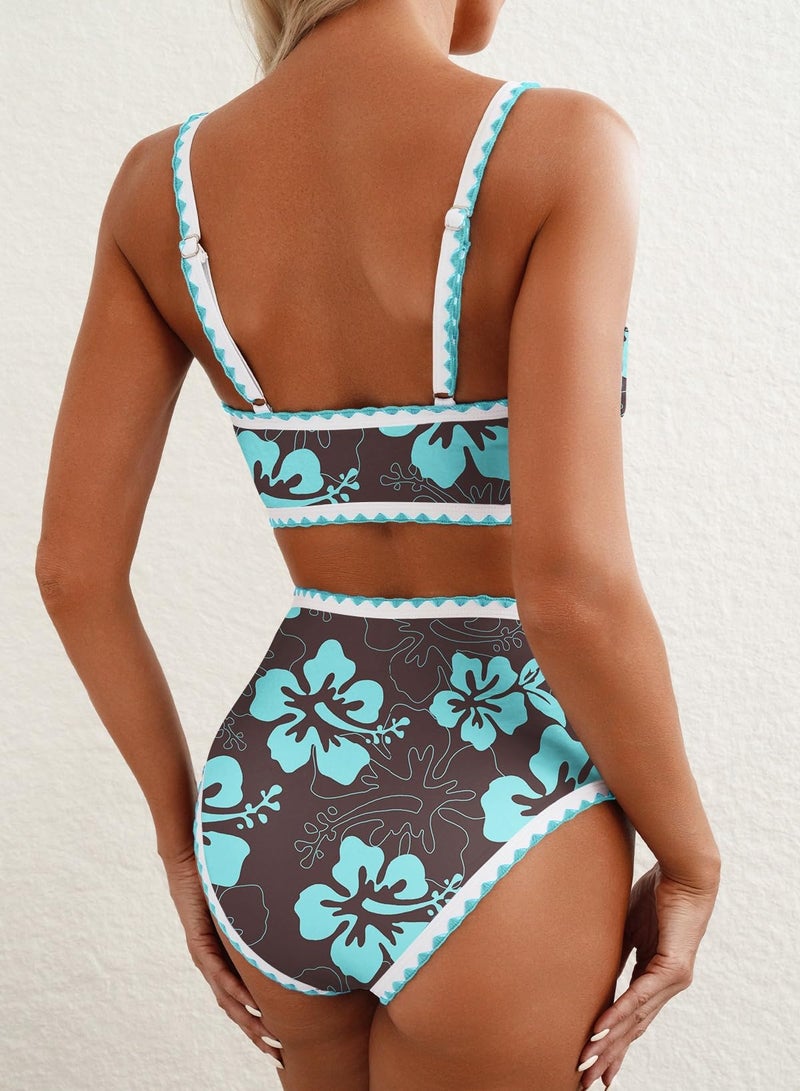 Herseas Women's Bikini Sets High Waisted Floral Print 2 Piece Swim Suits 2026 Scoop Beach Vacation Outfits Padded Bathing Suits Sexy Classic Pool Party Swimwear Light Brown Large - Image 2