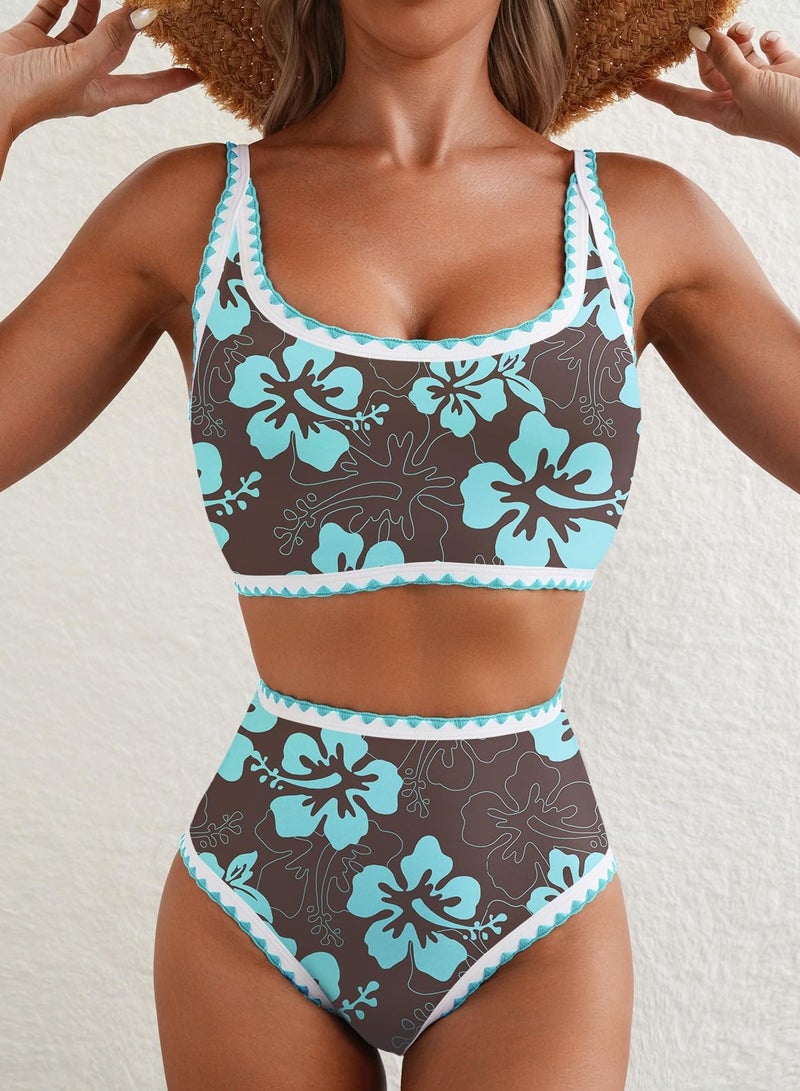 Herseas Women's Bikini Sets High Waisted Floral Print 2 Piece Swim Suits 2026 Scoop Beach Vacation Outfits Padded Bathing Suits Sexy Classic Pool Party Swimwear Light Brown Large - Image 3