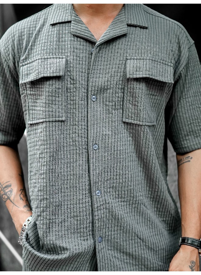 Maniac Maniac Men Solid Half Sleeve Light Grey Cotton Blend Shirt  - Image 4