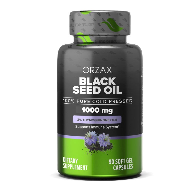 ORZAX Black Seed Oil Cold Pressed 100 Pure NonGMO Rich in Omega 3 6 9 Thymoquinone Black Cumin Nigella Sativa Oil for Immune Support Hair Skin Face 1000 mg 90 Softgel Capsules