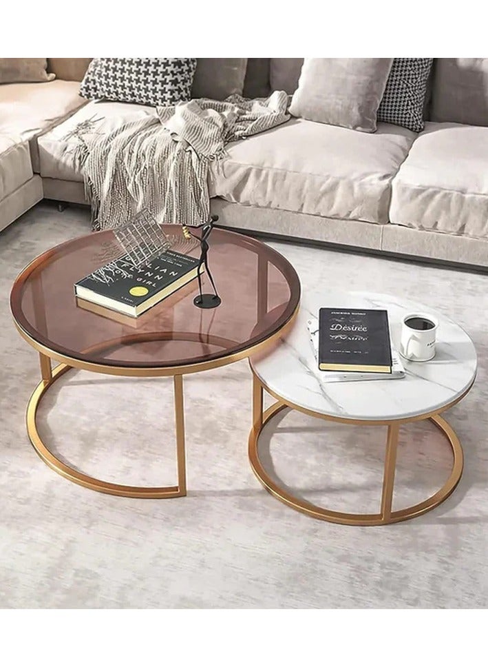 DubaiGallery طاولات جانبية دائرية، مجموعة أنيقة من 2 طاولة قهوة دائرية متداخلة بتصميم رخامي وإطار معدني - مثالية للمساحات الصغيرة والديكور العصري - Image 1